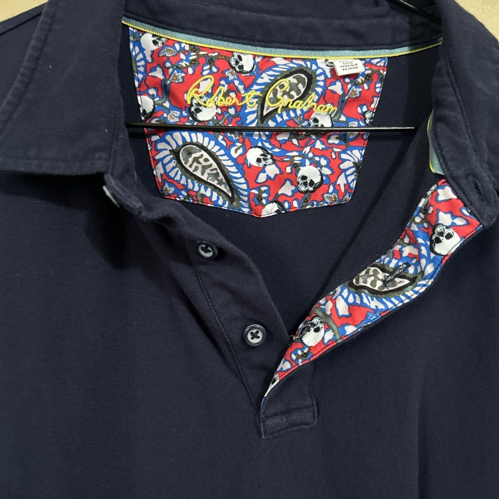 Robert Graham Polo Shirt Men's XL Navy Blue Solid Classic Designer Skull Trim